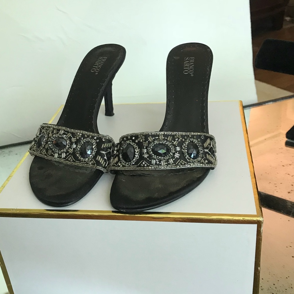 Franco Sarto black embellished bead heel slides 8